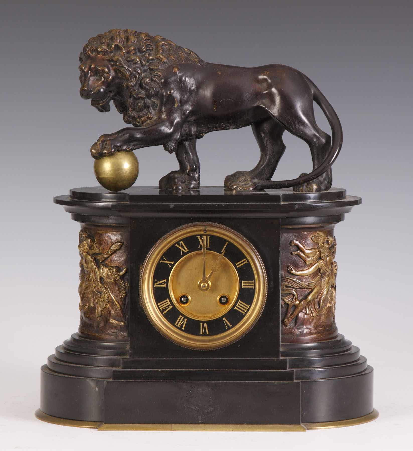 Appraisal: French Shelf Clock Marble shelf clock w bronze mounted lion