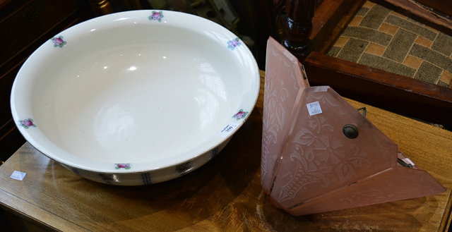 Appraisal: A pink shadea toilet bowl and two other glass shades