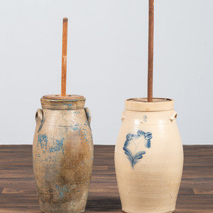 Appraisal: Two Cobalt Decorated Six-Gallon Stoneware Churns th Century one marked