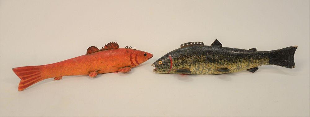 Appraisal: Two Large Fish Decoys handpainted carved wood with metal fins