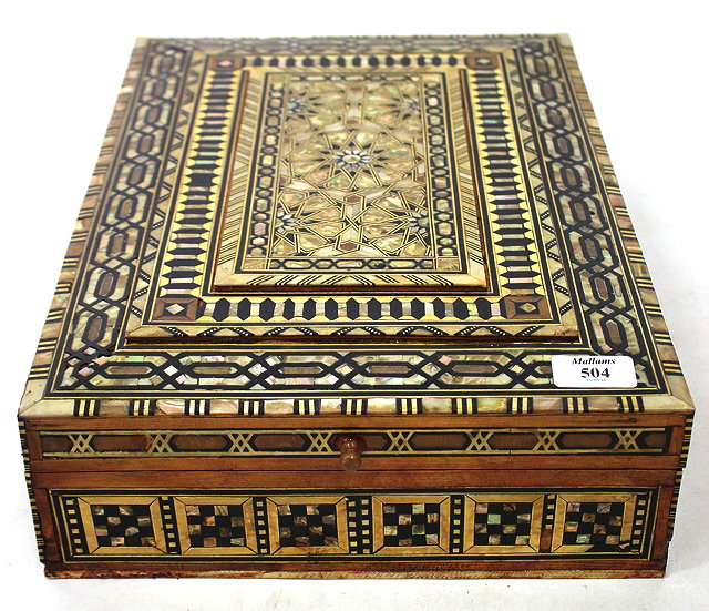 Appraisal: A MOTHER OF PEARL INLAID AND PARQUETRY DECORATED EGYPTIAN BOX