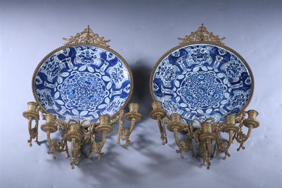 Appraisal: PAIR GILT-BRONZE MOUNTED DUTCH DELFT FIVE-LIGHT SCONCES th - th