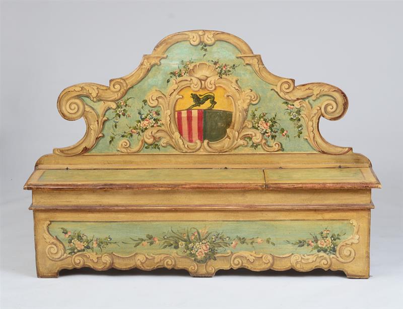 Appraisal: ITALIAN BAROQUE PAINTED HALL BENCH The arched top crest continuing