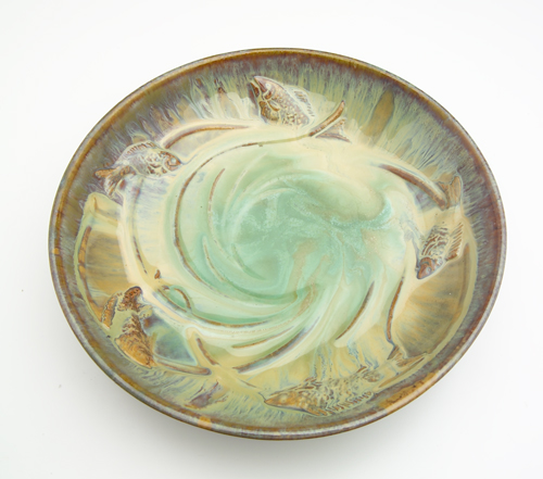 Appraisal: FULPER Flaring bowl embossed with fish and waves under a