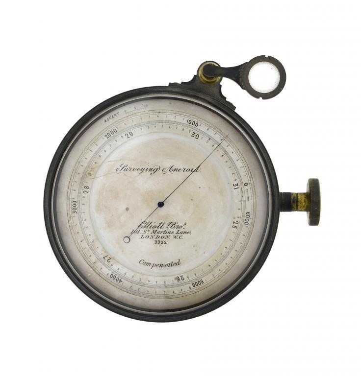 Appraisal: A FINE ENGLISH OXIDISED BRASS SURVEYOR'S ANEROID BAROMETER BY ELLIOTT