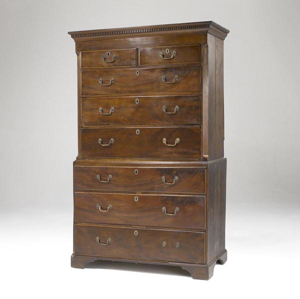 Appraisal: ENGLISH HIGH CHEST Mahogany with brass pulls and bracket feet