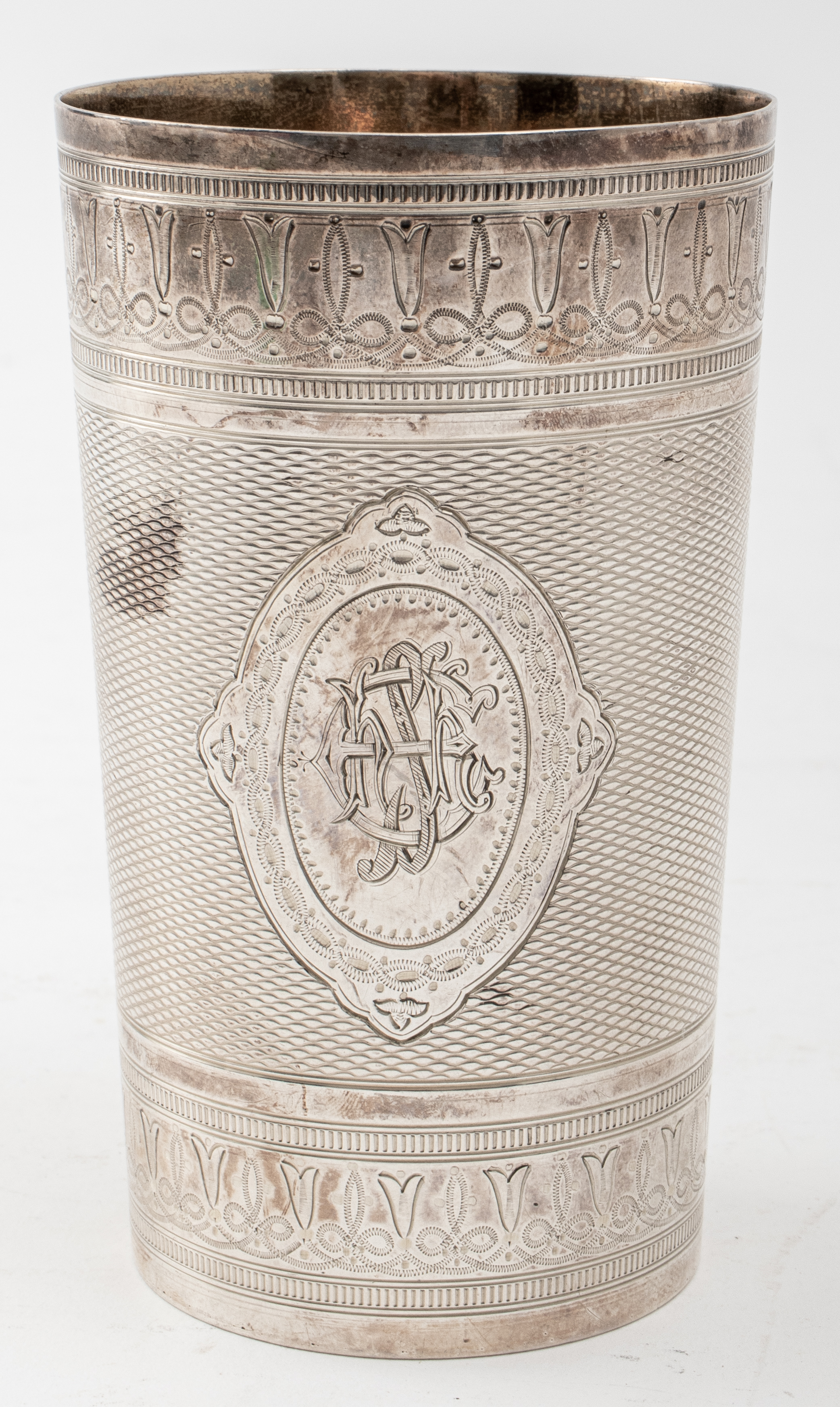 Appraisal: ENGLISH STERLING ENGRAVED BEAKER LONDON English sterling silver engraved beaker