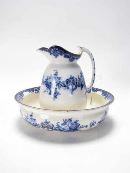 Appraisal: Flow Blue Washstand Pitcher and Bowl early flow blue pitcher