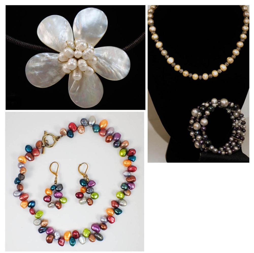 Appraisal: SIX ARTICLES OF PEARL JEWELRY including a dark brown choker