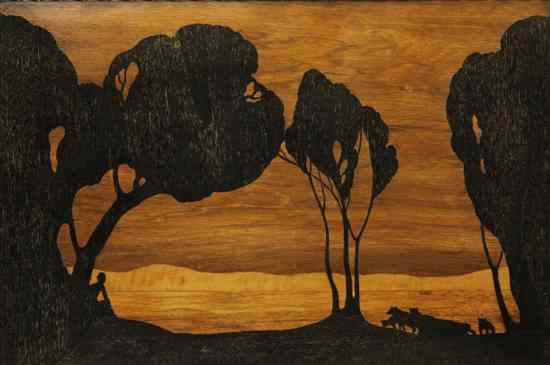 Appraisal: A Rowley Gallery marquetry panel decorated with poplar trees a