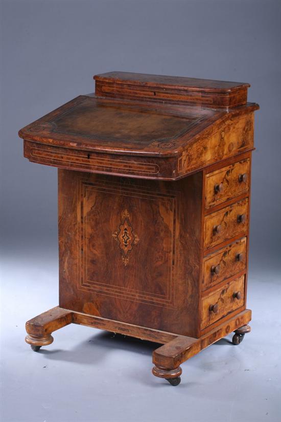 Appraisal: ENGLISH VICTORIAN INLAID BURLED WALNUT DAVENPORT th century Of typical