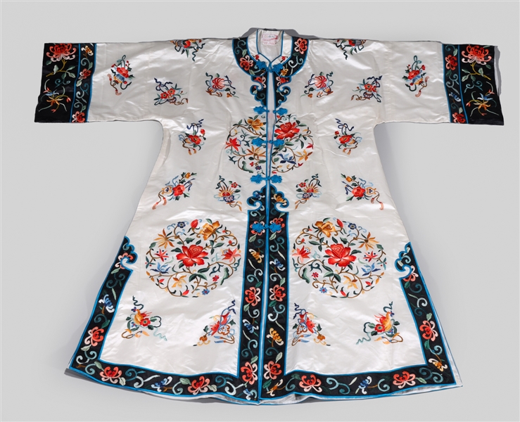 Appraisal: s Chinese embroidered silk-rayon robe with floral motif overall good