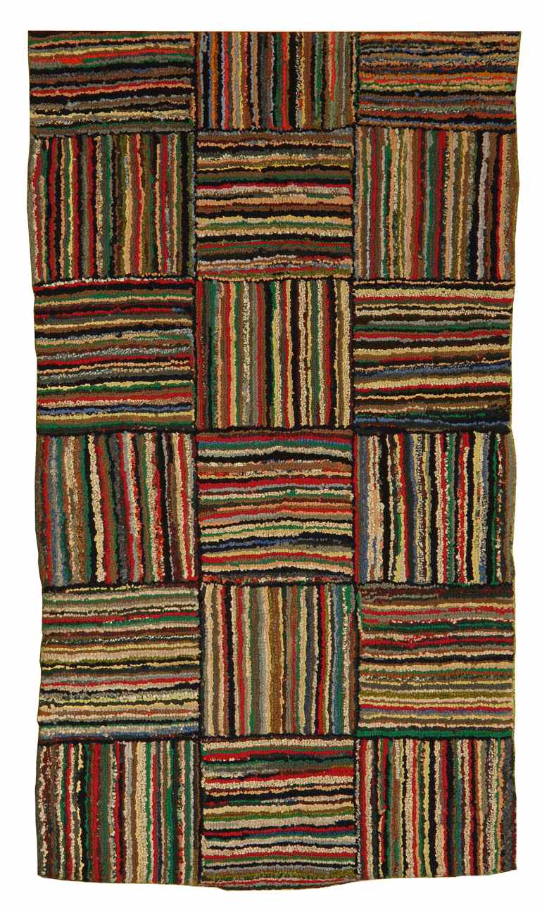 Appraisal: HOOKED RUG ' x ' Three rows of repeating squares