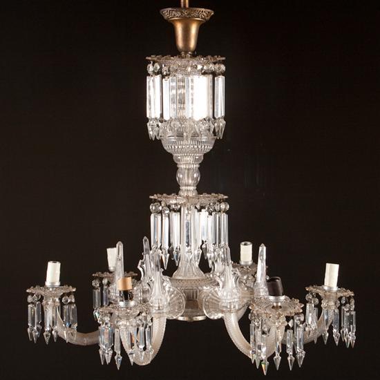 Appraisal: American molded glass six-light gaselier th century hanging prisms in