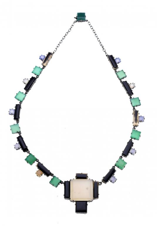 Appraisal: AN ART DECO SILVER AND COLOURED GLASS NECKLACE of geometric