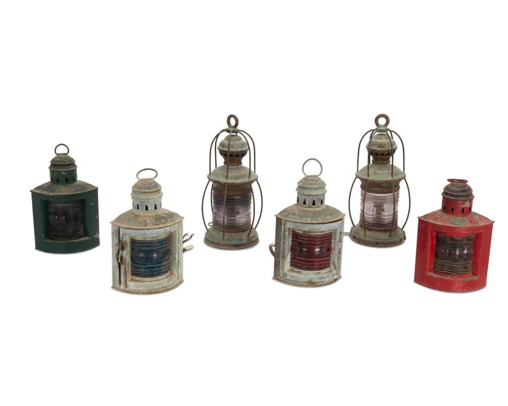 Appraisal: A collection of brass maritime lamps Early th century Red