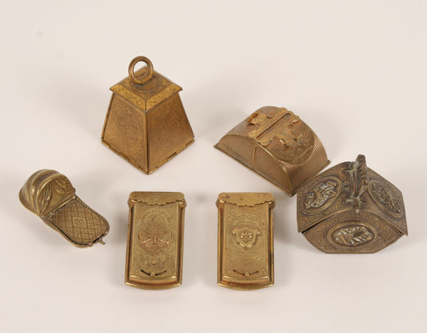 Appraisal: Six W Avery Son Redditch brass figural needle cases the