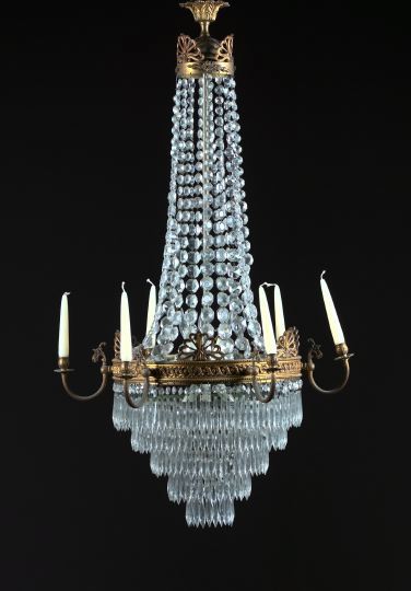 Appraisal: Edwardian Gilded Brass and Cut Glass Six-Light Chandelier first quarter