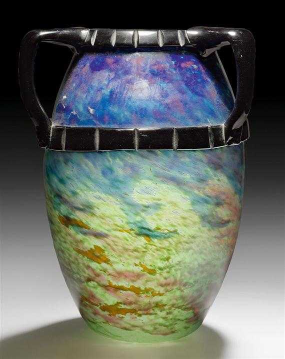 Appraisal: DEGUE LARGE TWO-HANDLED VASE circa Glass with polychrome powder inclusions