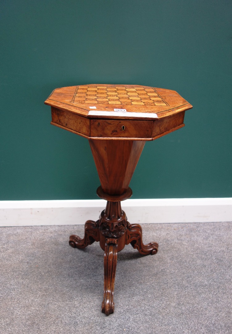 Appraisal: A Victorian figured walnut trumpet shaped work table the Tunbridge