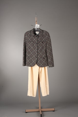 Appraisal: Feraud-G Armani gray beige red wool jacket with diagonal plaid