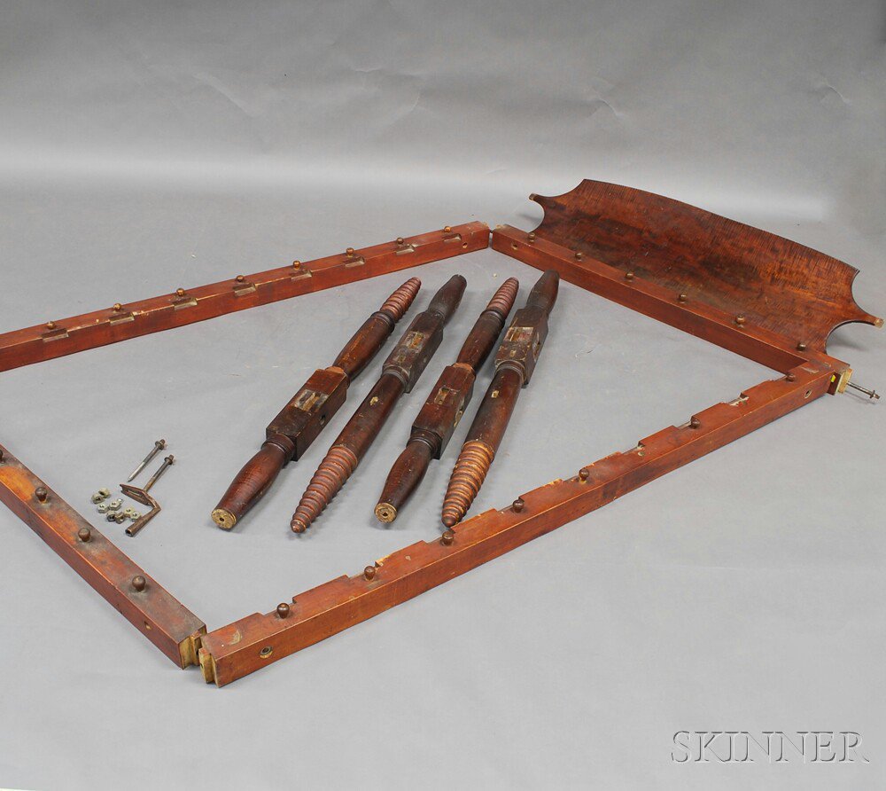 Appraisal: Turned Tiger Maple Four-post Rope Bed possibly New England th