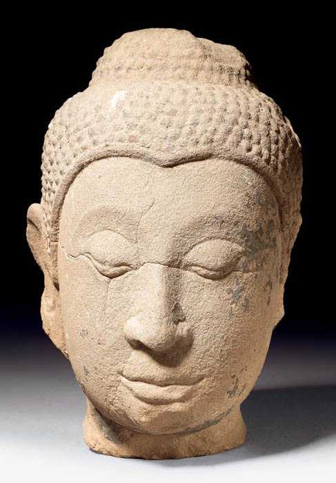 Appraisal: BUDDHA HEAD Thailand th th century H cm Sandstone with