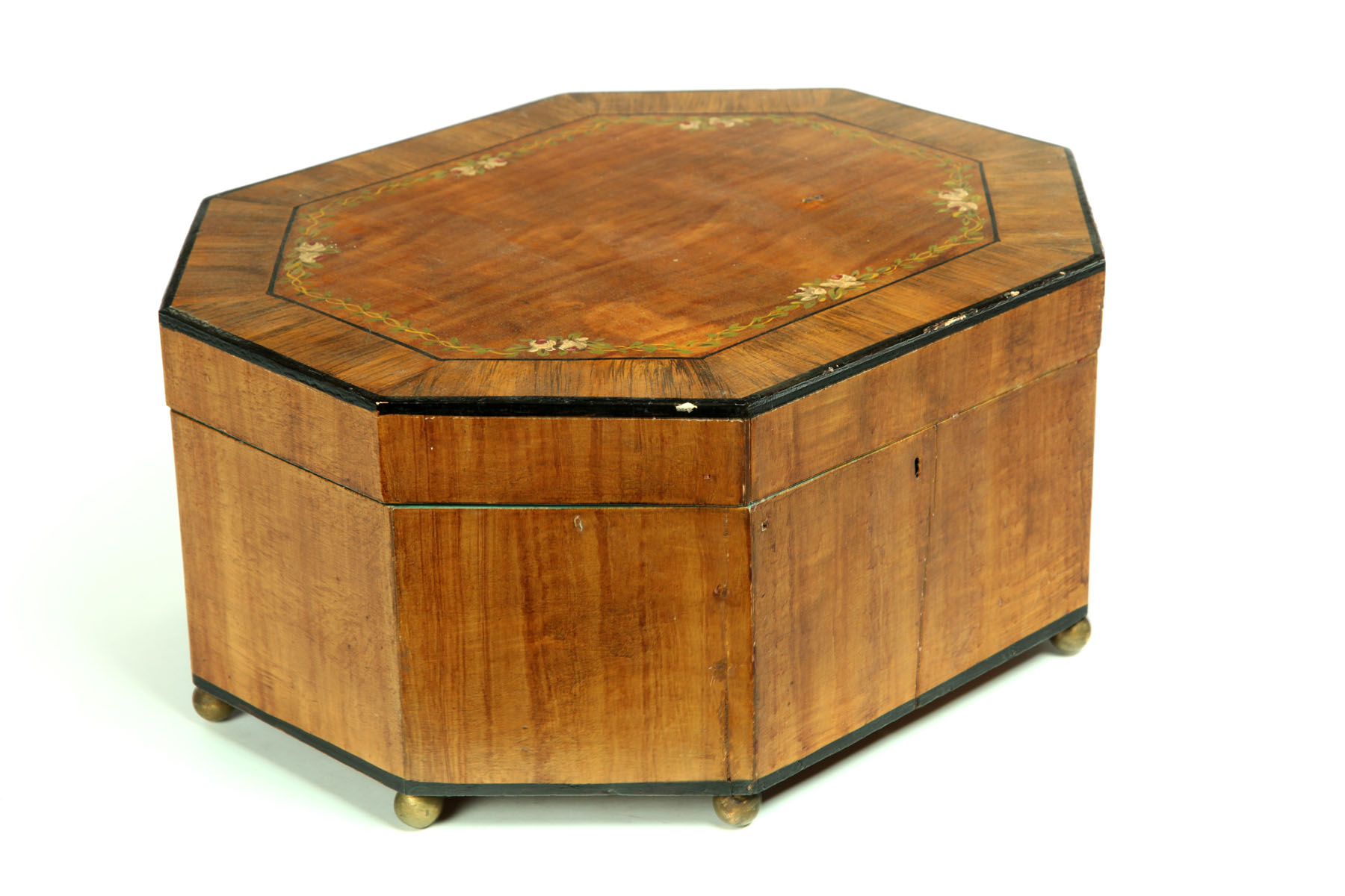 Appraisal: DECORATED SEWING BOX American mid th century pine Octagonal with