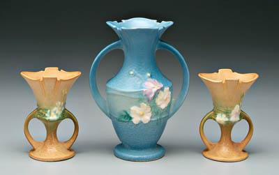 Appraisal: Three pieces Roseville Cosmos pottery ewer with blue ground base