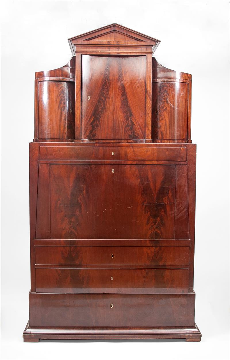 Appraisal: Biedermeier Mahogany Secr taire battant With pedimented three-door superstructure the