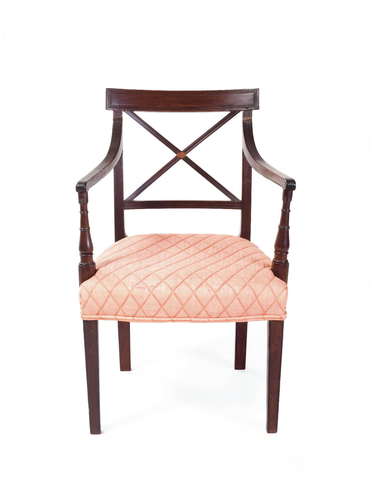 Appraisal: HEPPLEWHITE MAHOGANY ARMCHAIR WITH X-FORM SPLAT AND REEDED ARMS