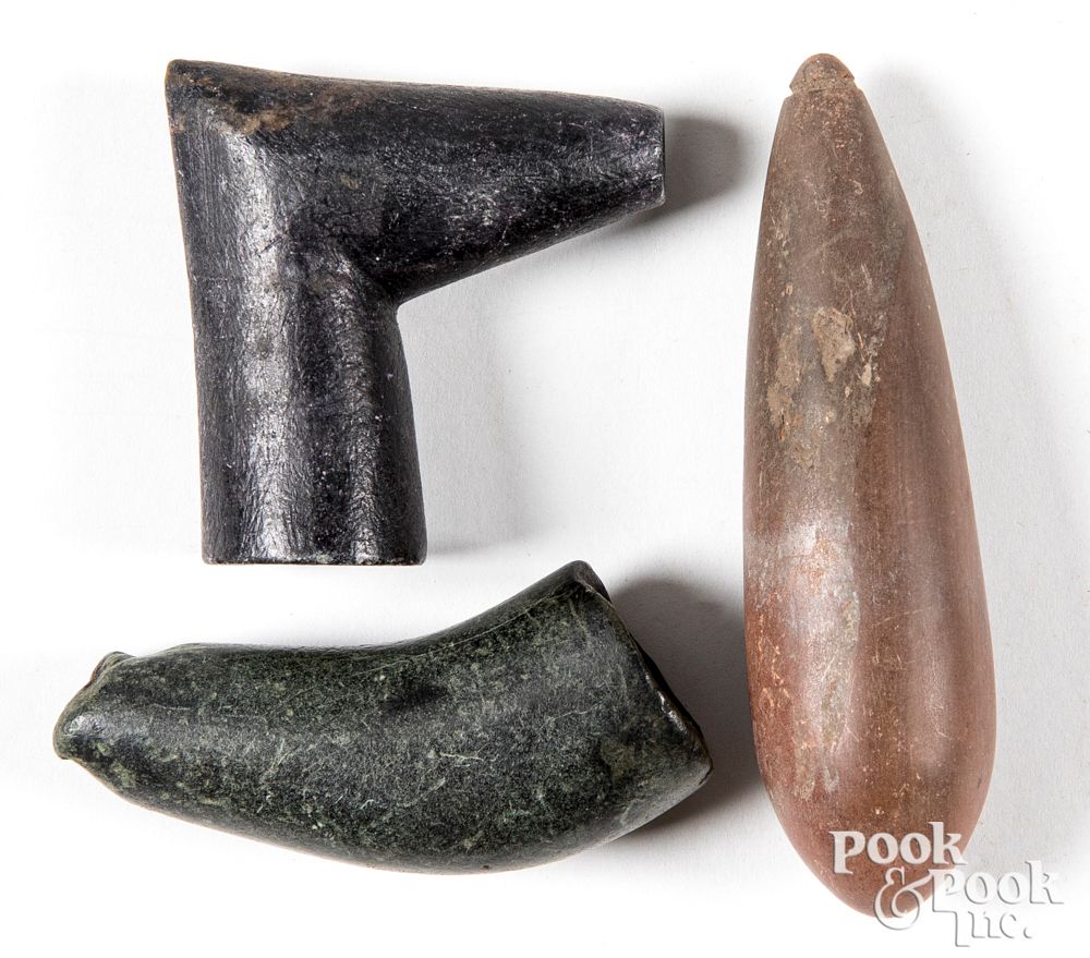 Appraisal: Three stone artifacts to include two pipe bowls Three stone