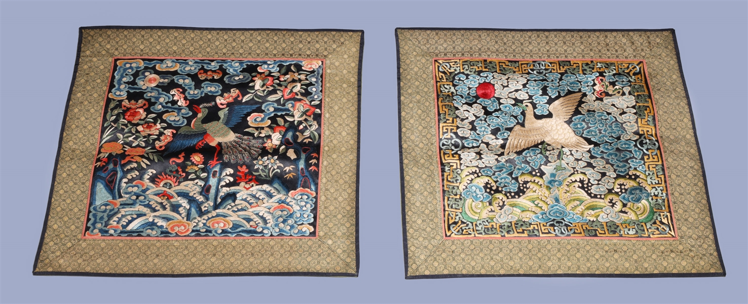 Appraisal: Two large Chinese embroidered badges each depicting birds amidst clouds