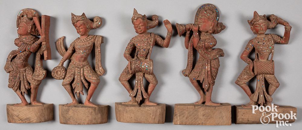 Appraisal: Myanmar carved and painted wood temple musicians Five Myanmar carved