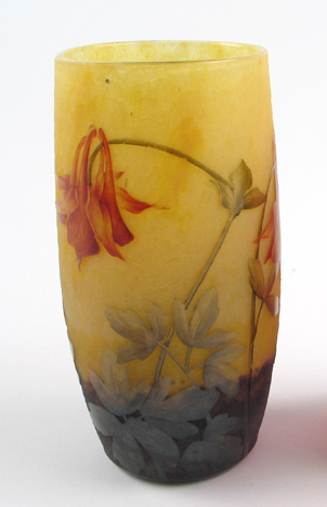 Appraisal: FRENCH DAUM NANCY CAMEO GLASS VASE cylindrical form The brown