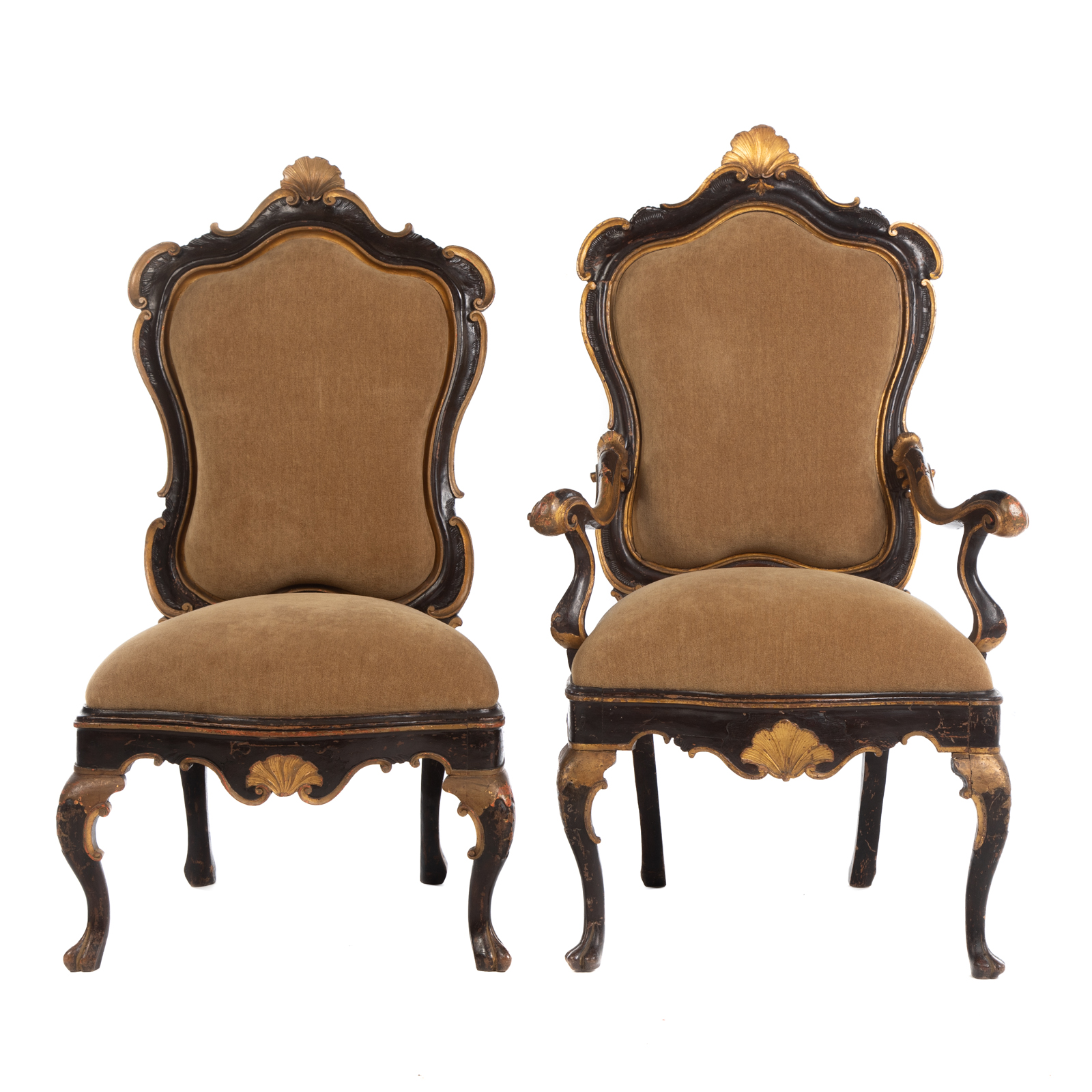 Appraisal: TWO CONTINENTAL EBONIZED GILTWOOD CHAIRS Late th century one arm