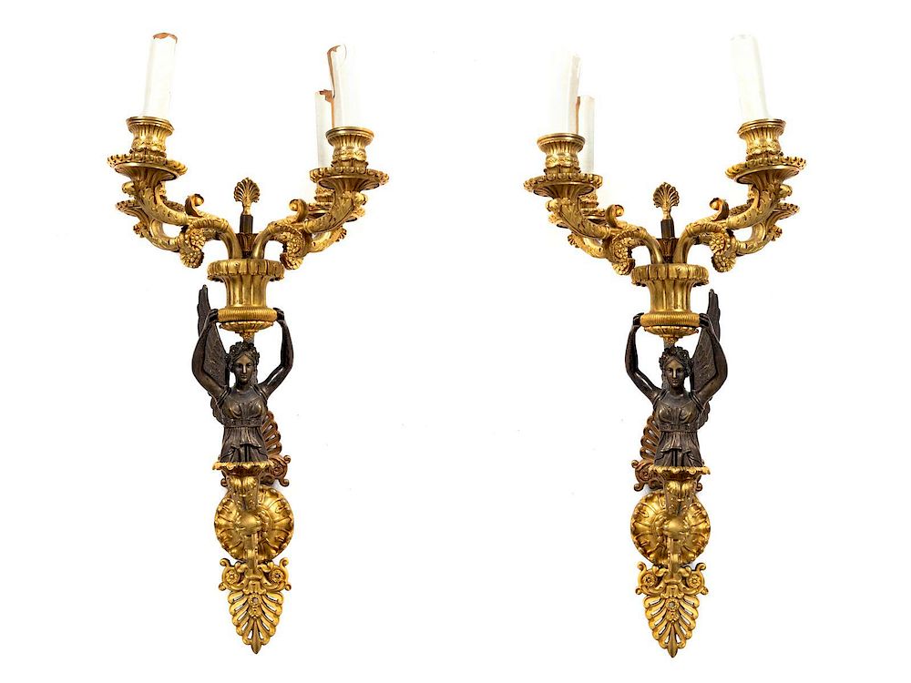 Appraisal: A Pair of Empire Style Gilt Bronze Three-Light SconcesHeight x