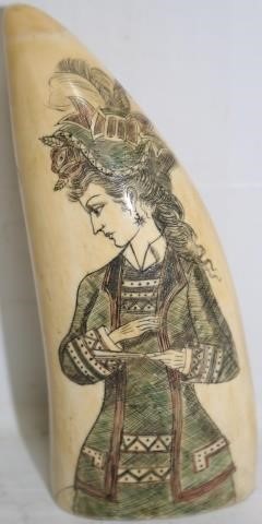 Appraisal: TH CENTURY POLYCHROME DECORATED SCRIMSHAWWHALE'S TOOTH DEPICTING A BEAUTIFUL YOUNG