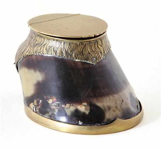 Appraisal: Edwardian brass-mounted horse-hoof inkwell dated hinged cover engraved Prince Died