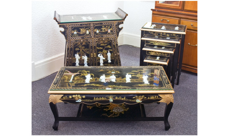 Appraisal: Set Of Black Ebonised Japanese Furniture Comprising A Coffee Table