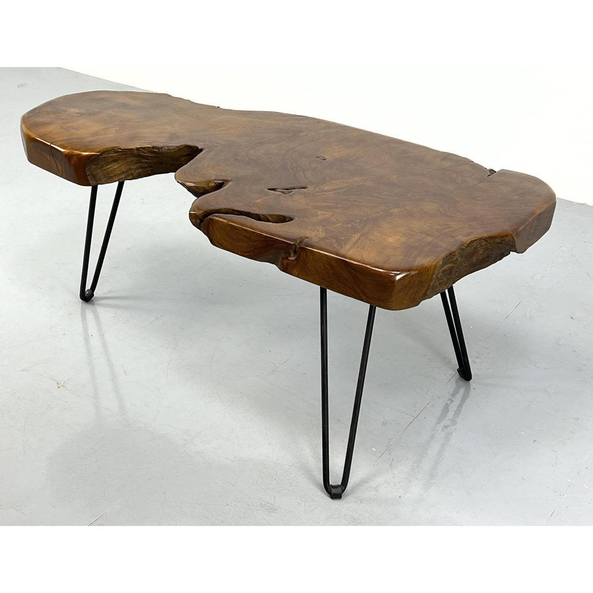 Appraisal: Natural Wood Tree Slab Top Table Black Iron Hairpin Legs