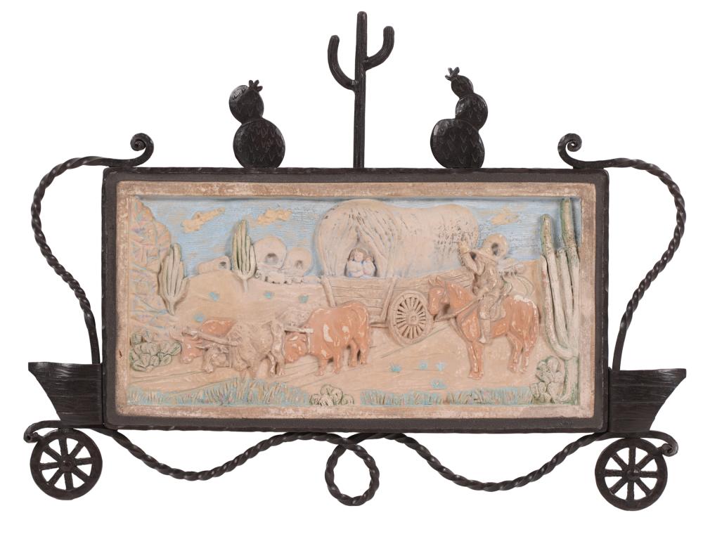 Appraisal: BUSCHER SON IRON FRAMED TILE WAGON TRAIN SCENEwith western theme