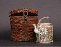 Appraisal: Famille Rose Tea Pot with Wicker Cozy ca th Century