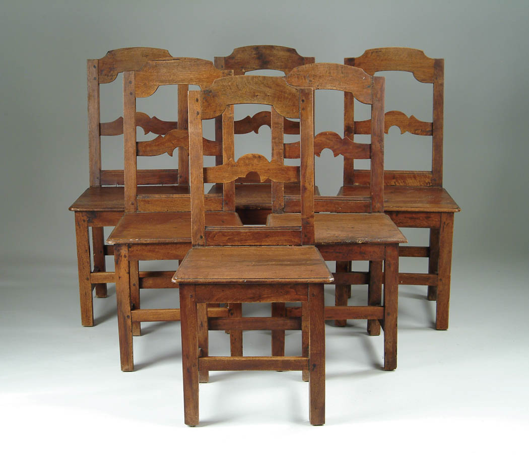 Appraisal: SET OF SIX PLANK SEAT WALNUT SIDE CHAIRS th Century