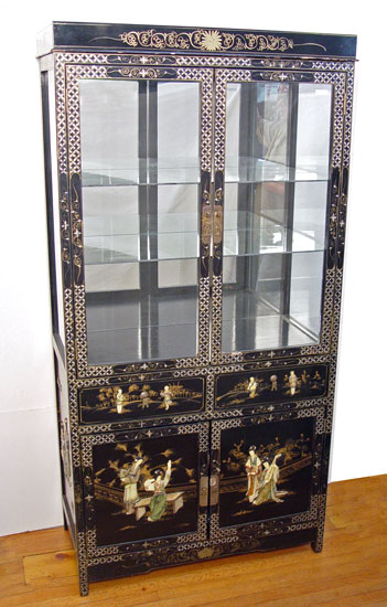 Appraisal: CONTEMPORARY CHINESE BLACK LACQUER CHINA CABINET Mirror back and glass