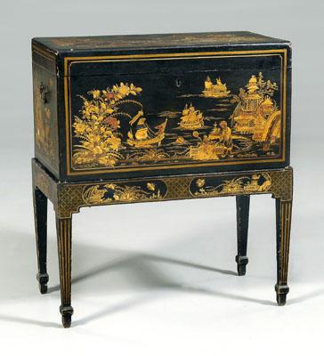 Appraisal: Chinese lacquer chest on stand lift-top chest with side carrying