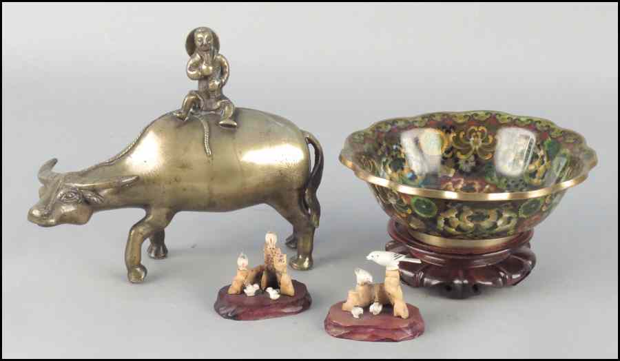 Appraisal: PATINATED BRONZE CHILD RIDING A BULL Together with a Chinese