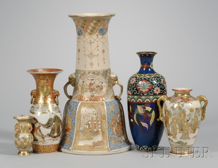 Appraisal: Four Satsuma Japanese Ceramic Vases sold with a bottle-form cloisonne