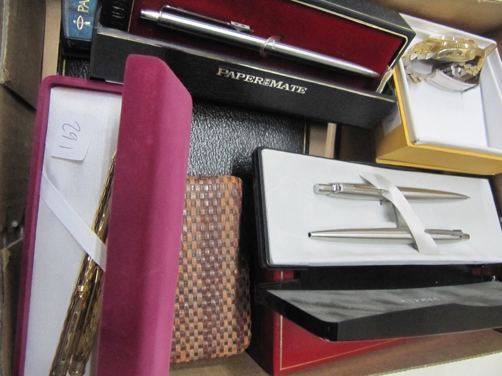 Appraisal: Box of modern pens watch travel clock etc