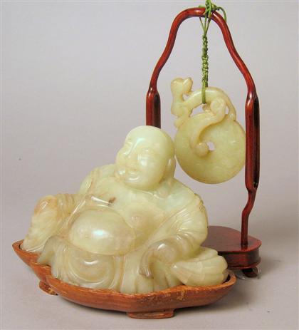 Appraisal: Chinese jadeite Budai figure and Bi disk th century Seated